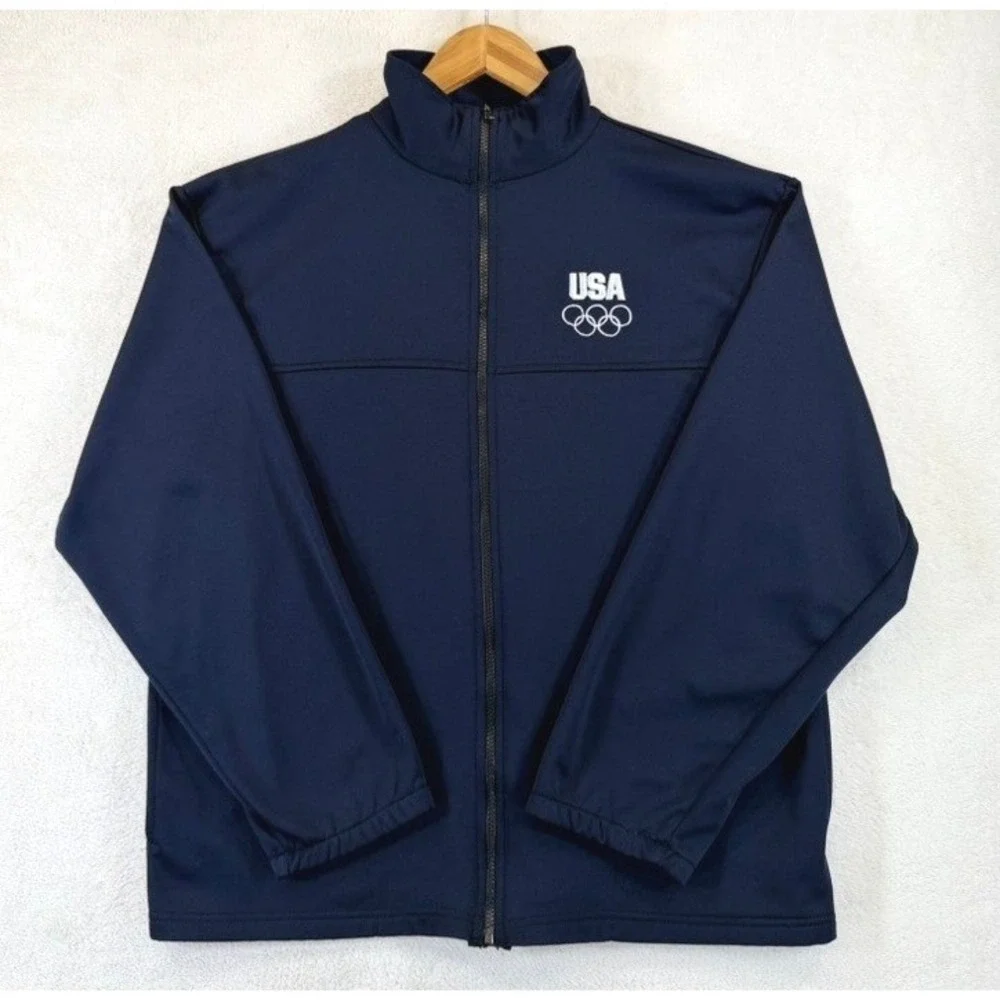 Vintage USA Olympic Committee Track Jacket Navy Blue Full Zip Mens L Made USA